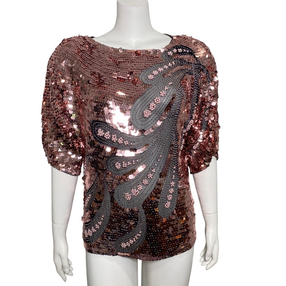 Vintage Oleg Cassini Silk Sequin Beaded Top Womens Size S Pink Short Sleeve